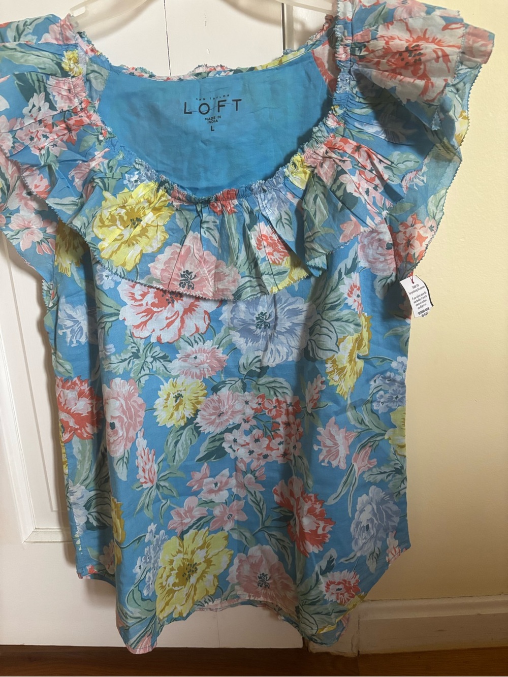 LOFT Blue Floral Ruffle-Neck Flutter Sleeve Top